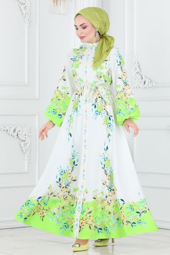 moda selvim Dress 22375JNF844 Green&Ecru - Thumbnail