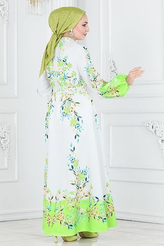 moda selvim Dress 22375JNF844 Green&Ecru - Thumbnail