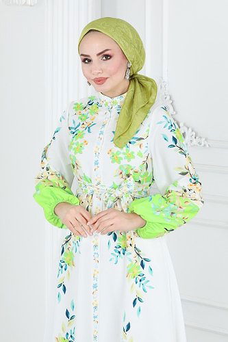 moda selvim 22375JNF844 أخضر & سكري فستان - Thumbnail