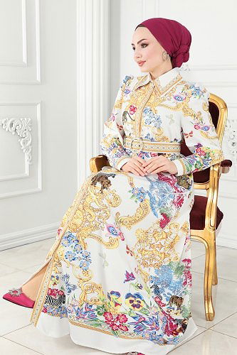 moda selvim Dress 22445JNF844 Ecru&Gold - Thumbnail