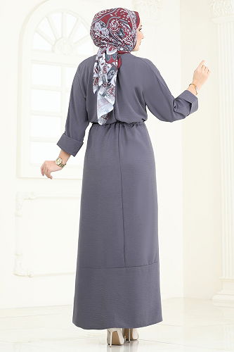 moda selvim الفستان رمادي غامق 2250BLU797 - Thumbnail