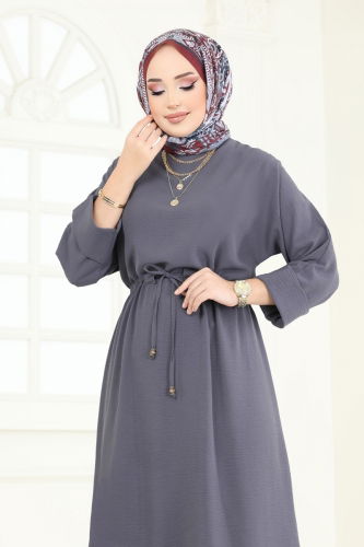 moda selvim الفستان رمادي غامق 2250BLU797 - Thumbnail