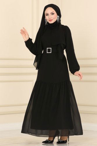 moda selvim 2280SVT808 اسود فستان - Thumbnail