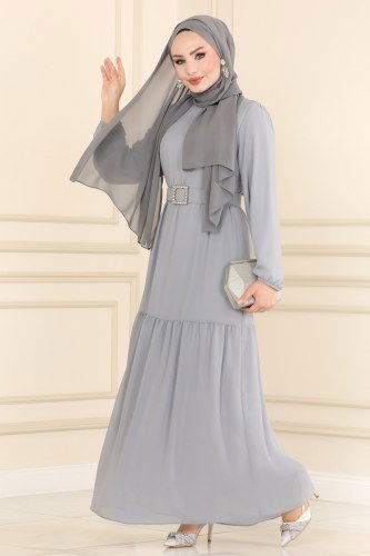 moda selvim 2280SVT808 الفضي فستان - Thumbnail