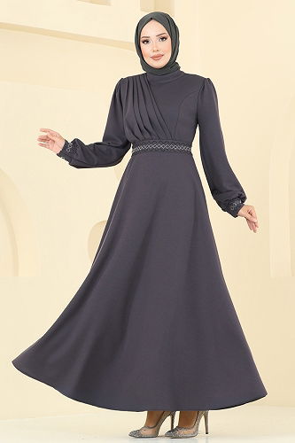 moda selvim الفستان رمادي غامق 23030UKB139 - Thumbnail