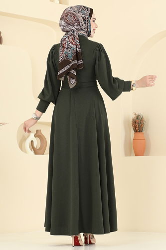moda selvim الفستان أخضر عفني غامق 23031UKB139 - Thumbnail
