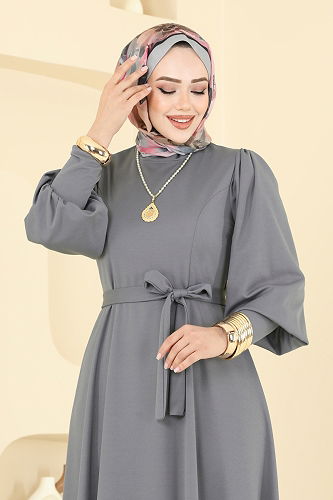 moda selvim الفستان رمادي 23031UKB139 - Thumbnail