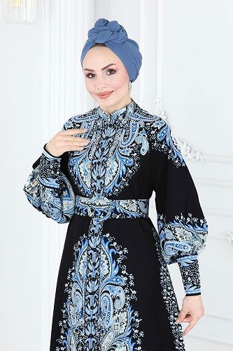 moda selvim 23103JNF844 اسود و سماوي فستان - Thumbnail