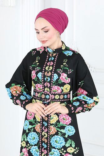 moda selvim 23105JNF844 اسود فستان - Thumbnail