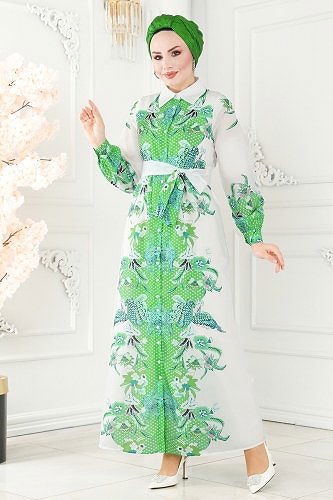 moda selvim 23119JNF844 اللون الأخضر فستان - Thumbnail