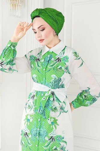 moda selvim 23119JNF844 اللون الأخضر فستان - Thumbnail