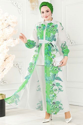 moda selvim 23119JNF844 اللون الأخضر فستان - Thumbnail
