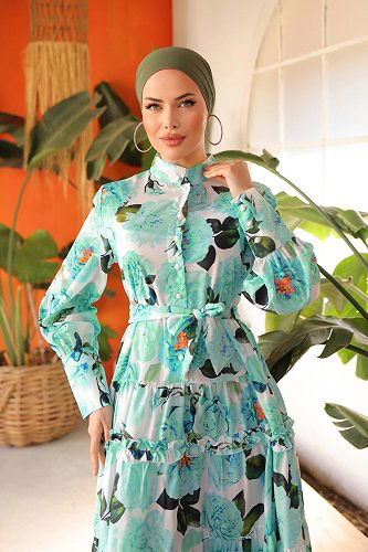 moda selvim الفستان أخضر باهت 23120JNF844 - Thumbnail