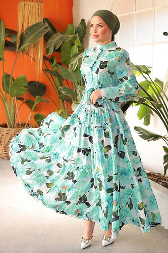 moda selvim الفستان أخضر باهت 23120JNF844 - Thumbnail