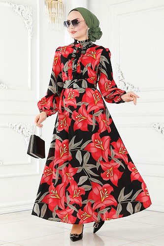 moda selvim Dress 23150JNF844 Vermilion & Black - Thumbnail