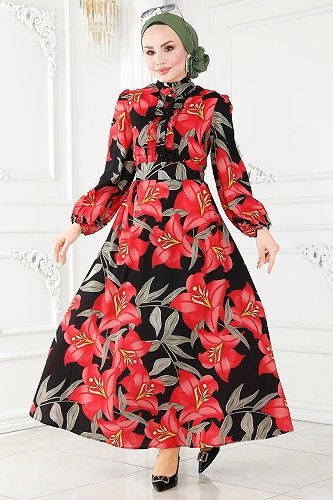 moda selvim Dress 23150JNF844 Vermilion & Black - Thumbnail