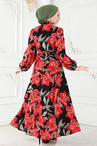 moda selvim Dress 23150JNF844 Vermilion & Black - Thumbnail