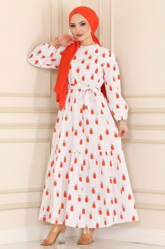 moda selvim Dress 2319SVT808 Ecru&Orange - Thumbnail