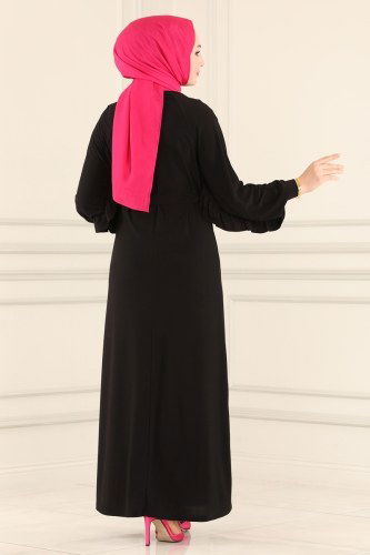 moda selvim 23220IL468 اسود فستان - Thumbnail