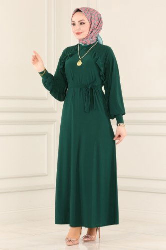 moda selvim 23220IL468 الزيتي فستان - Thumbnail