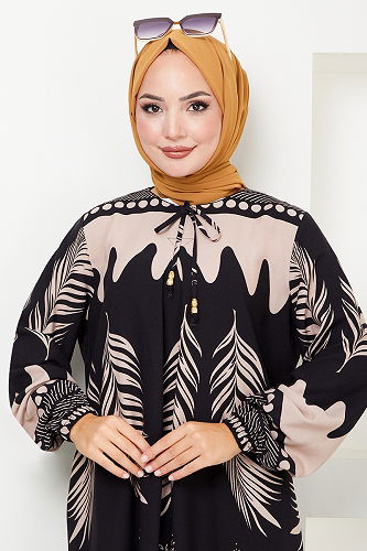 moda selvim الفستان أسود وبيج 2353BGS895-M - Thumbnail