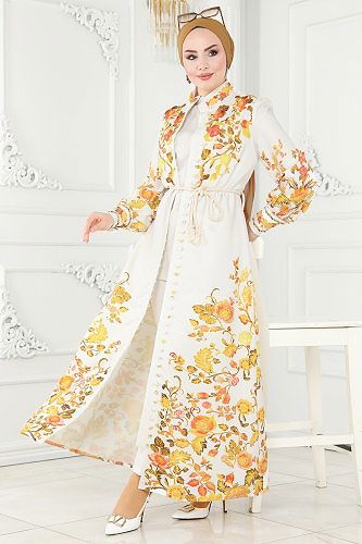 moda selvim 2377JNF844 لون بيج فاتح فستان - Thumbnail