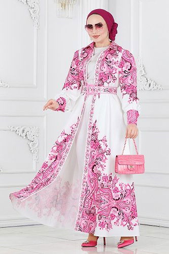 moda selvim Dress 2394JNF844 Fuchsia&Ecru - Thumbnail