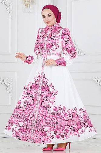 moda selvim Dress 2394JNF844 Fuchsia&Ecru - Thumbnail