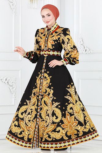 moda selvim 2395JNF844 اسود و برتقالي فستان - Thumbnail