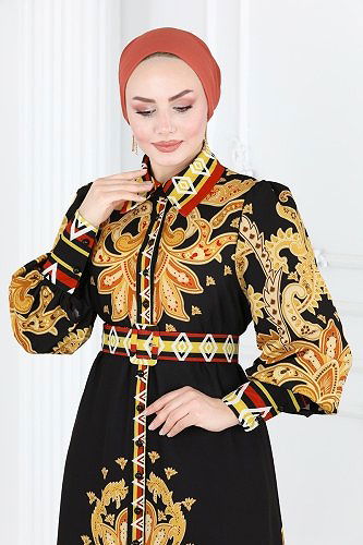 moda selvim 2395JNF844 اسود و برتقالي فستان - Thumbnail