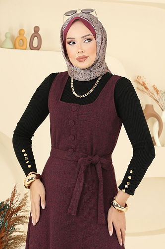 moda selvim DRESS 24001UKB139 Burgundy - Thumbnail