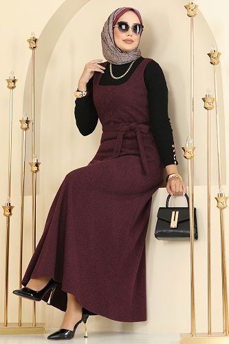 moda selvim فستان بلا اكمام خمري 24001UKB139 - Thumbnail