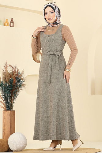 moda selvim فستان بلا اكمام بيج 24001UKB139 - Thumbnail