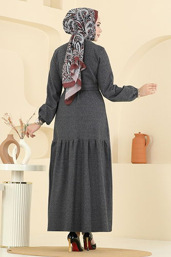 moda selvim الفستان رمادي غامق 24002UKB139 - Thumbnail