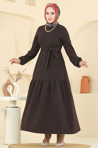 moda selvim الفستان بني 24002UKB139 - Thumbnail