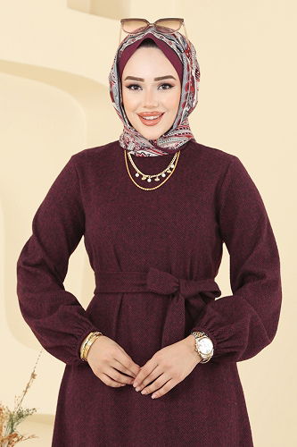 moda selvim Dress 24002UKB139 Burgundy - Thumbnail