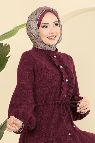 moda selvim Dress 24004UKB139 Burgundy - Thumbnail