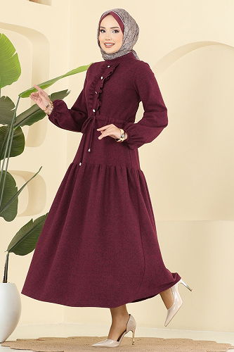 moda selvim Dress 24004UKB139 Burgundy - Thumbnail