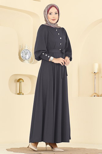 moda selvim الفستان رمادي غامق 24007UKB139 - Thumbnail