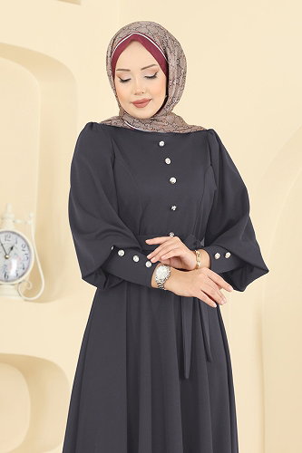moda selvim الفستان رمادي غامق 24007UKB139 - Thumbnail