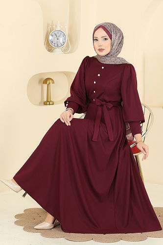 moda selvim Dress 24007UKB139 Burgundy - Thumbnail