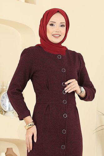 moda selvim Dress 24008UKB139 Burgundy - Thumbnail