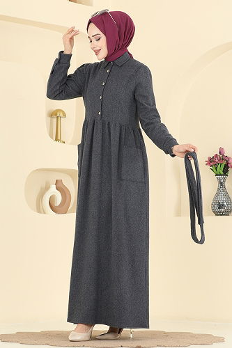 moda selvim الفستان رمادي غامق 24012UKB139 - Thumbnail