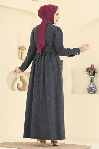 moda selvim الفستان رمادي غامق 24012UKB139 - Thumbnail