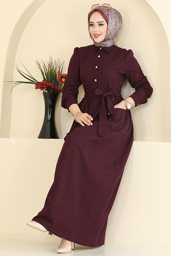 moda selvim Dress 24012UKB139 Burgundy - Thumbnail