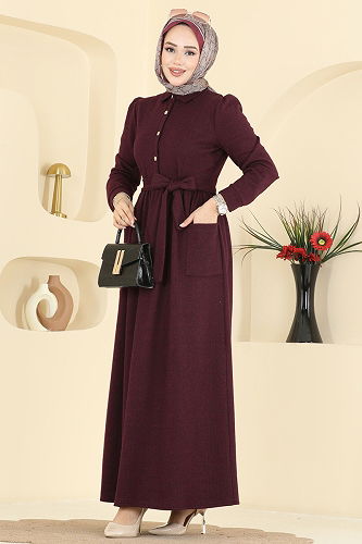moda selvim Dress 24012UKB139 Burgundy - Thumbnail