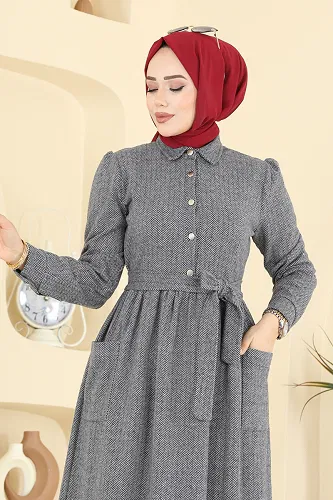 moda selvim Dress 24012UKB139 Gray - Thumbnail