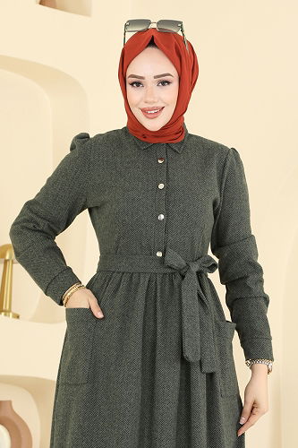 moda selvim الفستان اخضر عفني 24012UKB139 - Thumbnail