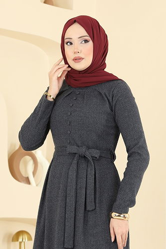 moda selvim الفستان رمادي غامق 24016UKB139 - Thumbnail