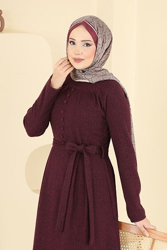 moda selvim Dress 24016UKB139 Burgundy - Thumbnail